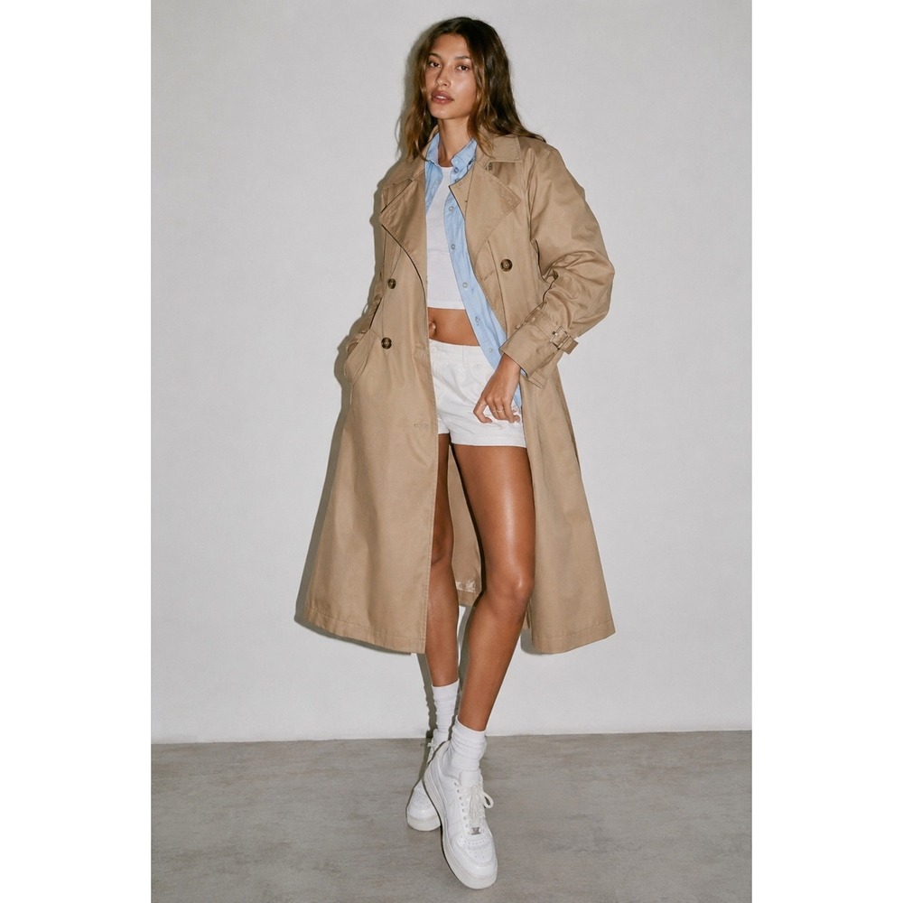 DKNY Womens Khaki Tan Double Breasted Belted Trench Coat Large Long Jacket
